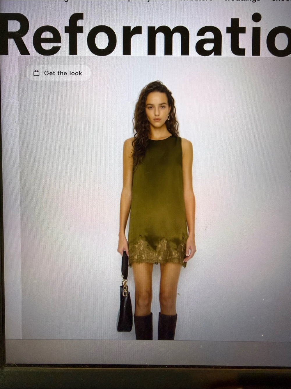 Reformation Olive Satin Mini Dress with Lace Hem